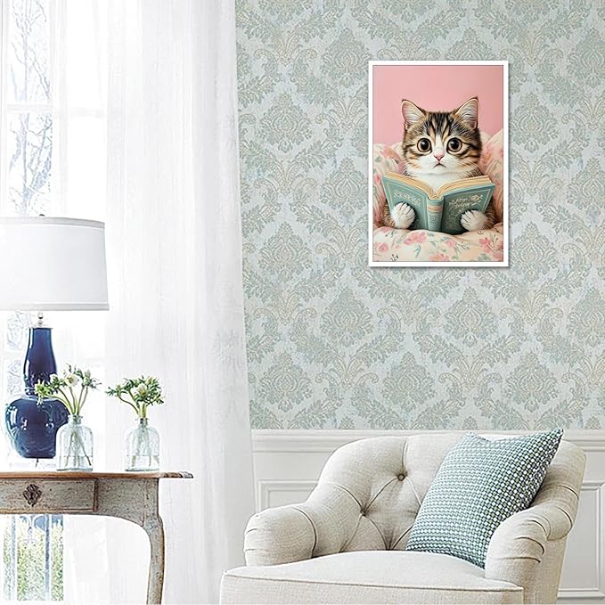 Funky Cute Cats Reading Books Canvas Wall Art Funny Pet Cat Animal Poster Trendy Pink Flower Wall Decor Cat Lovers Prints Painting For Home Bedroom Kids Room Dorm Wall Decor 12x16in Unframed
