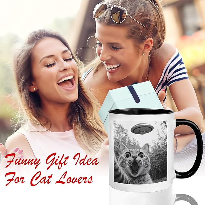Funny Cat Selfie With UFO Alien Mug - Cat Lovers Gifts for Women, Men, Mom, Dad, Owner, Lady on Birthday, Halloween, Christmas - Humor Sarcastic Coffee Mug 11oz