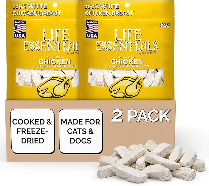 Life Essentials by Cat-Man-Doo Freeze Dried Chicken Dog & Cat Treats, Healthy Single Ingredient Training Treats for Dogs, Puppies & Cats, Made with Real Chicken – 5 oz (2 Pack)