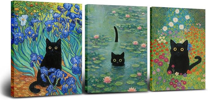 Monet Wall Art, Funny Cat in Water Lilies Canvas Prints, Black Cat Aesthetic Pictures for Living Room, Bedroom, Bathroom, Kitchen, Home Decor, Modern Cat Lover Gift Idea, Wrapped 11’’x14’’x3 pcs