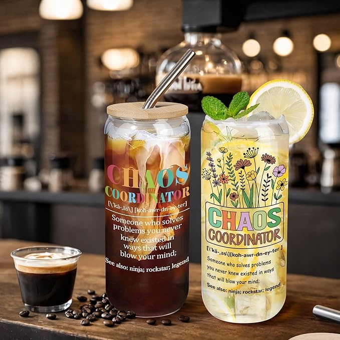 Joeyan Glass Cup with Lid and Straw - 20oz Iced Coffee Cup, Chaos Coordinator & Boho Floral Glass Tumbler, Aesthetic Drinking Glasses for Smoothie Boba Tea, Gift for Mom, Boss, Teacher, Coworker