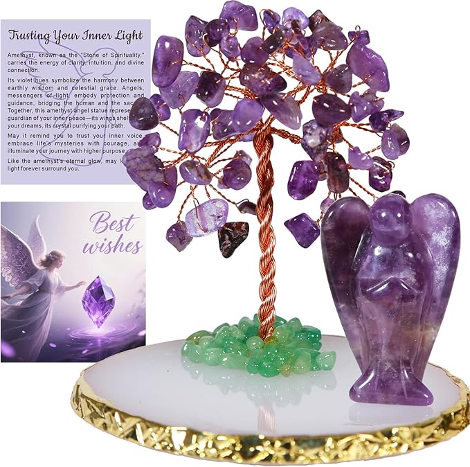 Dreamgirnh Amethyst Tree and Angel Crystals Healing Stones Statue Figurines, Cute Purple Office Desk Spiritual Decor, Teen Girl Birthday Gifts Trendy Stuff, Women Gifts for Christmas