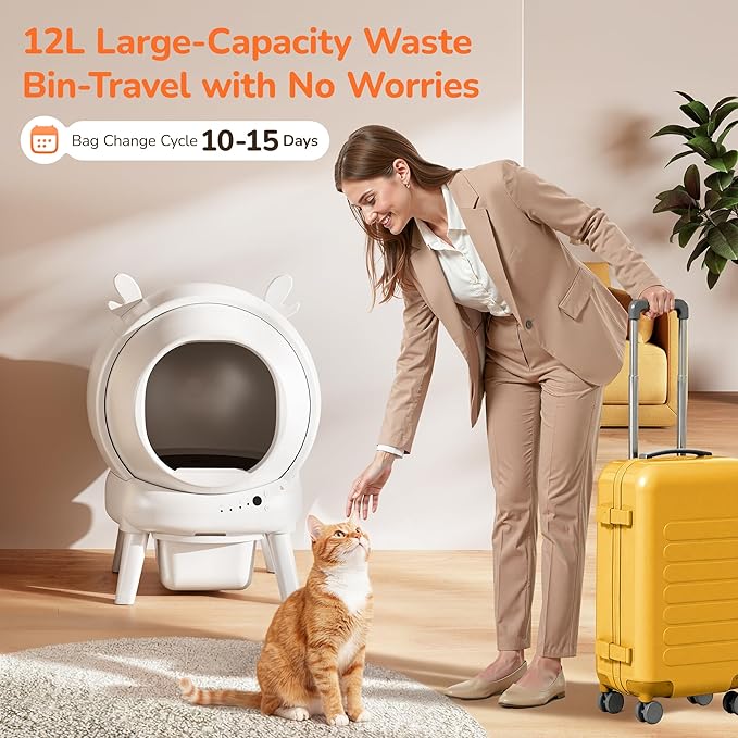 Automatic Self Cleaning Litter Box, Cat Litter Box with APP Control, 65L Globe & Dual Safety Sensors, Robot Litter Box, 1 Roll Garbage Bags and Litter Mat, <35DB, White