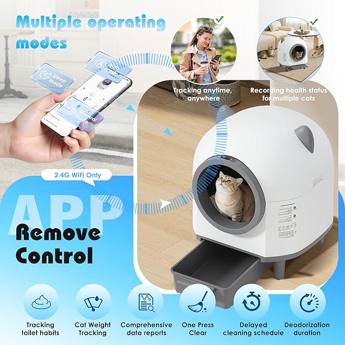 Automatic Cat Litter Box, Self Cleaning Litter Box with APP Control for Multiple Cats, Large Robot Kitty Litter Box with Safety Sensors, Odor Removal, 2 Roll Garbage Bags, 90L Cat Ears Design