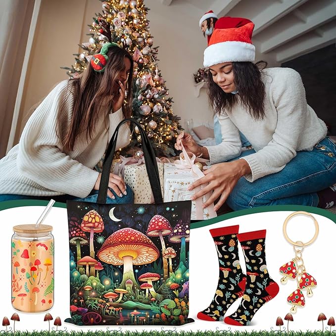 Paterr 4 Pcs Mushroom Gifts for Women Mushroom Lover Gift for Mother's Day Birthday Decorations, with Canvas Tote Bag 16oz Glass Coffee Cup with Straw Socks Cute Keychain