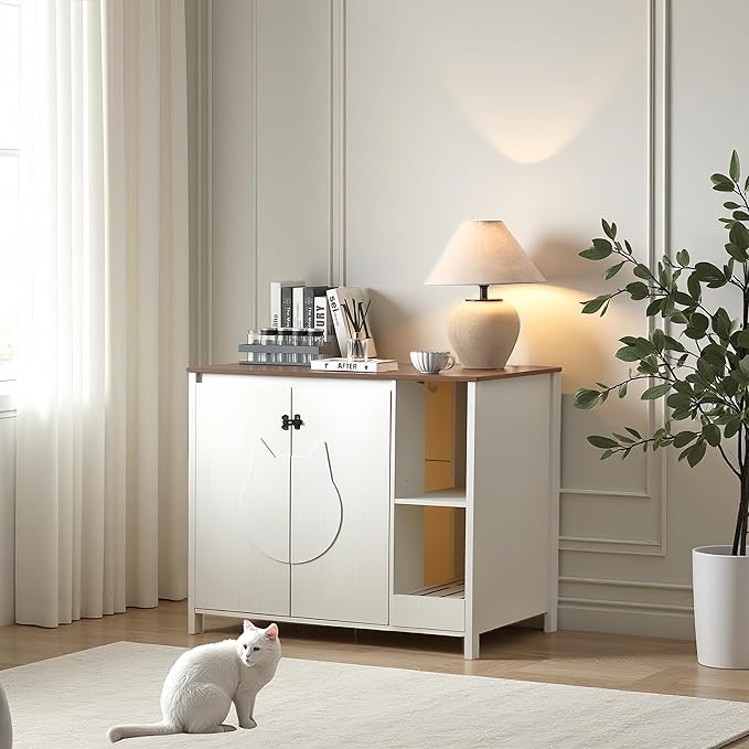 Cat-Faced Litter Enclosure for Placing Cat Robot 3/4, Power Outlet for More Choices, Litter Collector and Dog-Proof Adjustable Shelf (Antique White)