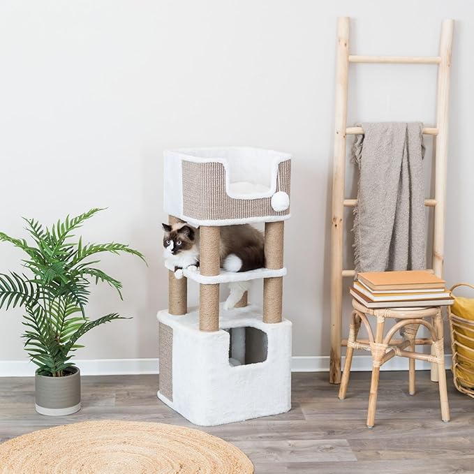 Trixie 39.8" Lucano Cat Tree, Indoor Cat Furniture with Jute Scratching Posts, Plush Condo, Interactive Toys - Taupe