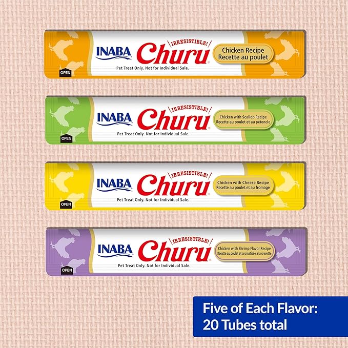 INABA Churu Cat Treats, Lickable, Squeezable Creamy Purée Cat Treat with Green Tea Extract & Taurine, 0.5 Ounces Each Tube, 20 Tubes, Chicken Variety Bag