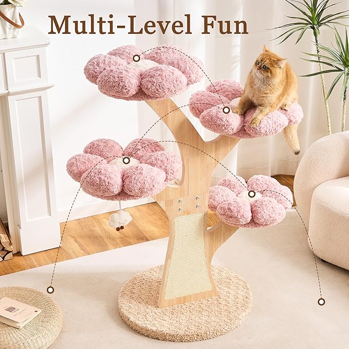 HITTITE Flower Cat Tree with Scratching Post, 48 Inches Cute Cat Tower with Wooden Branch Design, Aesthetic Modern Cat Climbing Tower with Flower Perches and Hanging Toy for Indoor Cats Large Adult.