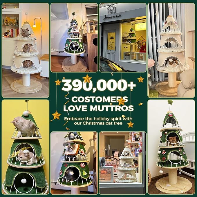 MUTTROS Modern Cat Tree-51.2" Cat Christmas Tree w/Thick Scratch Post(φ5.4in), Wood Cat Tower w/ 3 Condos-Heavy Duty Furniture w/Metal Frame & Replaceable Mat for Indoor Kitty, Green