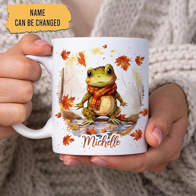 Hyturtle Personalized Fall Frog Maple Leaves Coffee Mug - Birthday Gifts For Frog Lovers - Fall Autumn Decor Gifts For Farmhouse Thanksgiving - Custom Name 11oz White Ceramic Coffee Tea Mug
