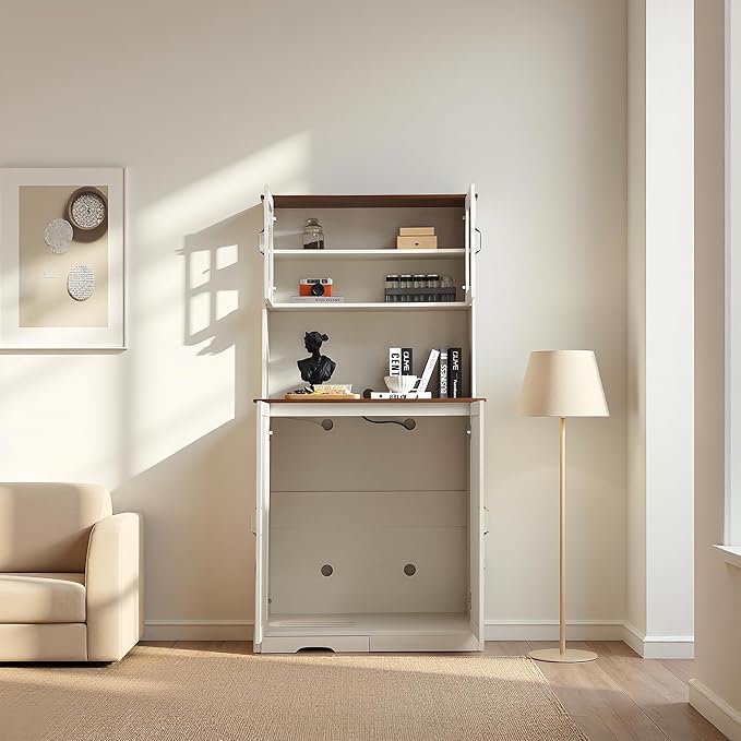 Extra-Large Enclosure for Self-Cleaning Cat Litter Boxes, Wooden Cat Litter Furniture with LED Lighting, a Adjustable Shelf and Doors