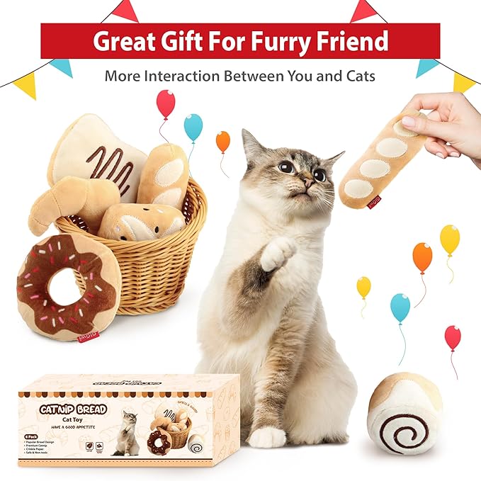 Gigwi Catnip Toys for Cats, Interactive Plush Kicker Toys Set Bread Design, Crinkle Pet Toys for Enrichment with Refillable Catnip, Safe Material Kitten Teething Toys for Chewing, 6 Pack