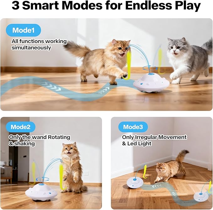 Pet Prime 3-in-1 Interactive Cat Toy with 6PCS Feathers - Automatic USB Rechargeable Self Moving Cat Toy for Bored Indoor Kittens and Adult Cats