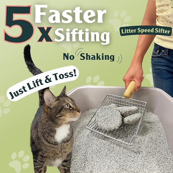 Cat Litter Scoop, Metal Litter Scooper – 5X Faster No-Shake Sifting Design, Stainless Steel Litter Scoop with Holder, Reduces Dust & Waste – Sprinkle & Sweep
