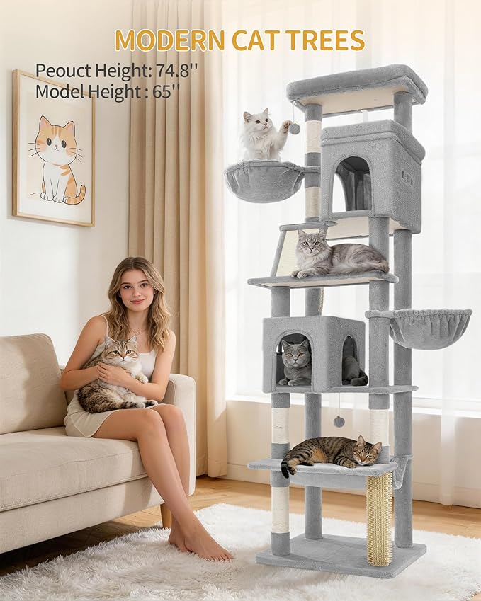 Hzuaneri Large Sturdy Cat Tree Tower, 75 Inch Tall Pet Condo For 7 Large Cats, Cat Tree Indoor Climbing Activity Tower, 2 Large Platform/2 Cave/2 Hanging Basket/5 Scratching Post, Light Grey MS19018LG