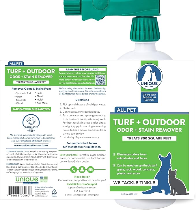 Unique Turf & Outdoor Odor and Stain Remover, Turf Cleaner for Pet Urine Outdoor Dog Odor Eliminator, 30 oz. Bio-Enzymatic Liquid Concentrate with Hose-Connector Bottle