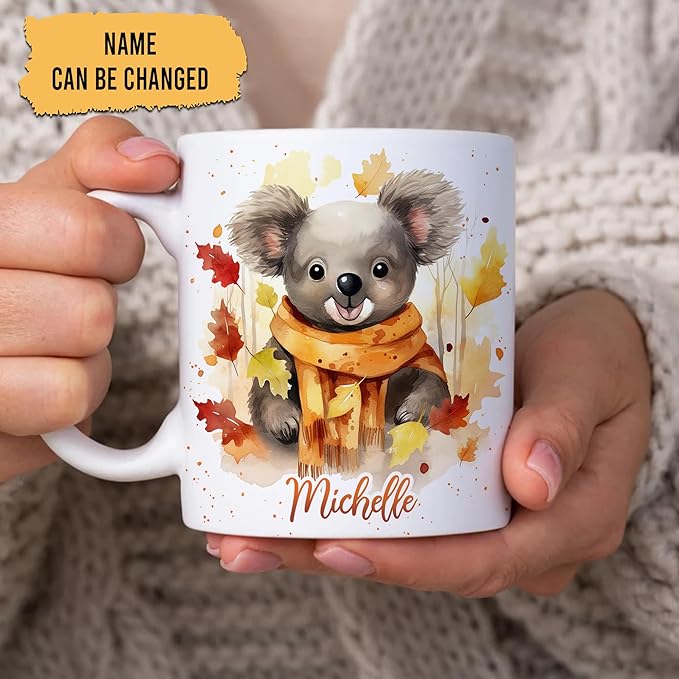 Hyturtle Personalized Fall Koala Coffee Mug - Birthday Gifts For Koala Lovers - Fall Autumn Decor Gifts For Farmhouse Thanksgiving - Custom Name 11oz White Ceramic Coffee Tea Mug