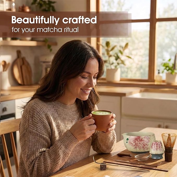 Matcha Whisk Set, 7-Piece Matcha Kit with Ceramic Bowl, Bamboo Whisk, Scoop, Sifter, Holder & Bamboo Mat – Premium Matcha Tea Set for Beginners & Matcha Lovers, Gift Ready