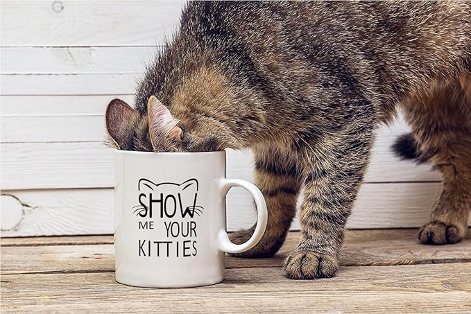 Crazy Bros Tees Show Me Your Kitties - 11oz Ceramic Coffee Mug Cat Lover For Women - Funny Grumpy Cat Mom Gift - Inspirational & Sarcastic Mug Desk Decor For Bosses, Employees, Family And Friends