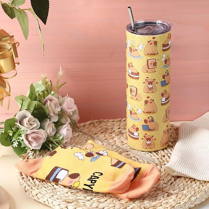 Funnymoom 2 Pack Capybara Themed Party Gifts Set Skinny Tumbler 20 oz Travel Coffee Mug Socks Novelty Cute Animals, Christmas Birthday Party Gifts for Capybara Themed