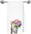 Tabby Cat Pink Purple Hydrangea Kitchen Towels, Cat Lovers Mom Gifts Dish Tea Towels for Kitchen Decor, Chinoiserie Porcelain Floral Kitty Decorative Hand Towel Bathroom Decor, 16x24 Inch