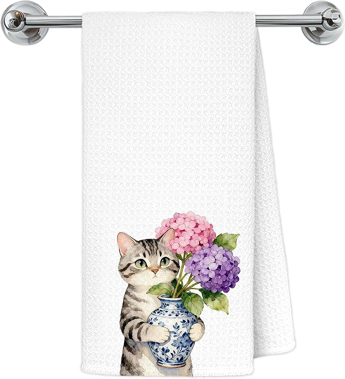 Tabby Cat Pink Purple Hydrangea Kitchen Towels, Cat Lovers Mom Gifts Dish Tea Towels for Kitchen Decor, Chinoiserie Porcelain Floral Kitty Decorative Hand Towel Bathroom Decor, 16x24 Inch