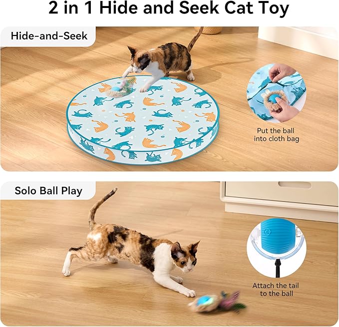 Interactive Cat Toy Ball, Hide and Seek Cat Toys in Play Mat, Moving Rolling Kitten Toys for Indoor Bored Cats, Motion Activated Rechargeable Kitty Toys with 3 Tails/LED Light/Bird Chirping