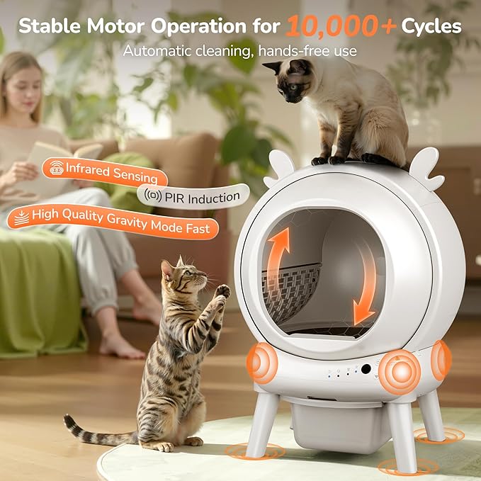 Automatic Self Cleaning Litter Box, Cat Litter Box with APP Control, 65L Globe & Dual Safety Sensors, Robot Litter Box, 1 Roll Garbage Bags and Litter Mat, <35DB, White