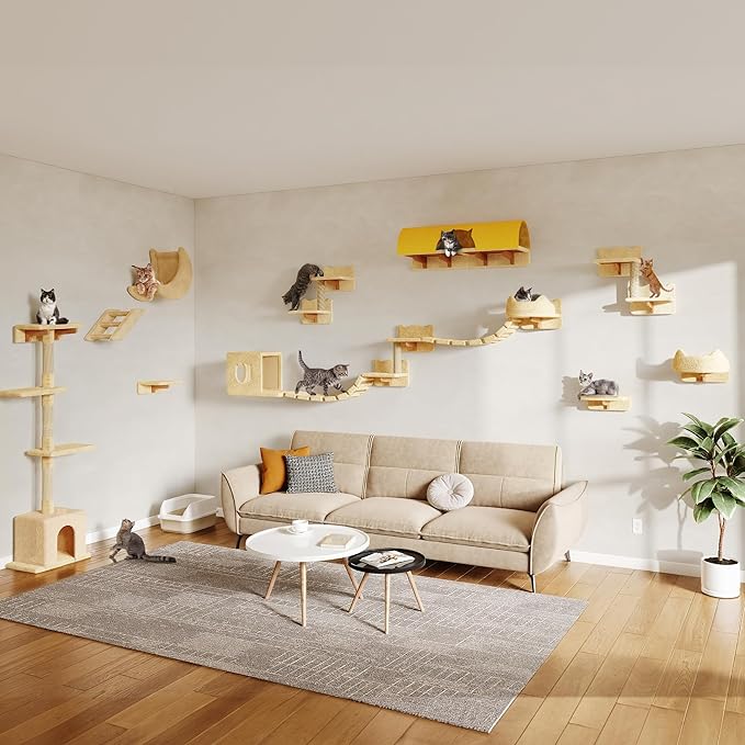 Cat Wall Shelves, Wall Mounted Pet Shelf Furniture w/Plush Fabric(26 Piece Set), 63''H Cat Tower w/Scratching Posts, Cats Furniture with 40''L Tunnel, Condos, House, Steps and Ladder, Beige
