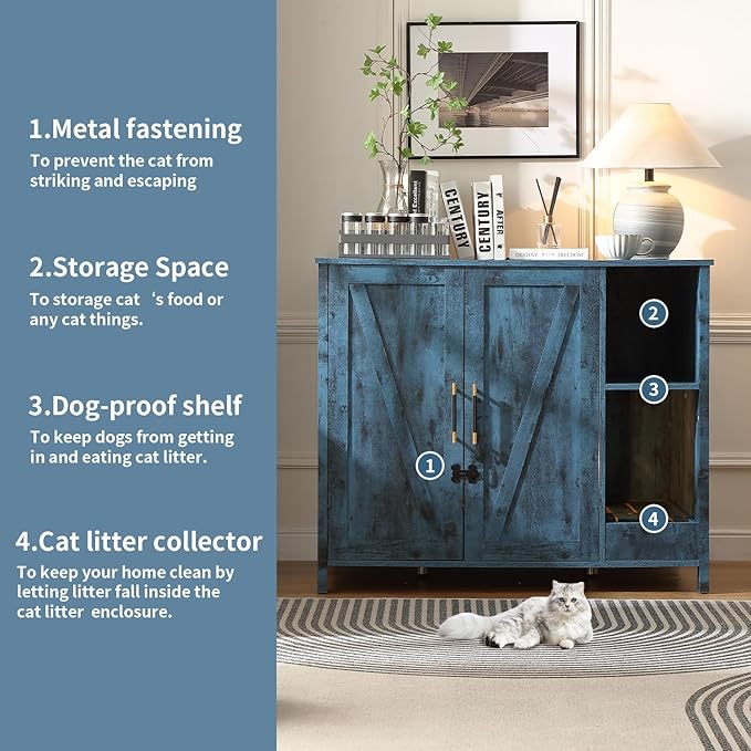 Large Cat Litter Enclosure With Litter Collector, Enclosure for self-Cleaning Litter Boxes,Adjustable Shelf for Dog Proof and Storage,Outlet,Lock Added for cat,Cat Washroom Cabinet,Blue