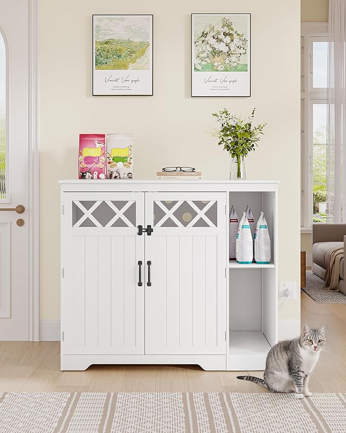 Cat Litter Enclosure, Hidden Self-Cleaning Litter Box Furniture with Charging Station, Pull-Out Base Plate, Adjustable Shelf, Large Indoor Cat House, 41.3 x 27.6 x 35.4 inches, White