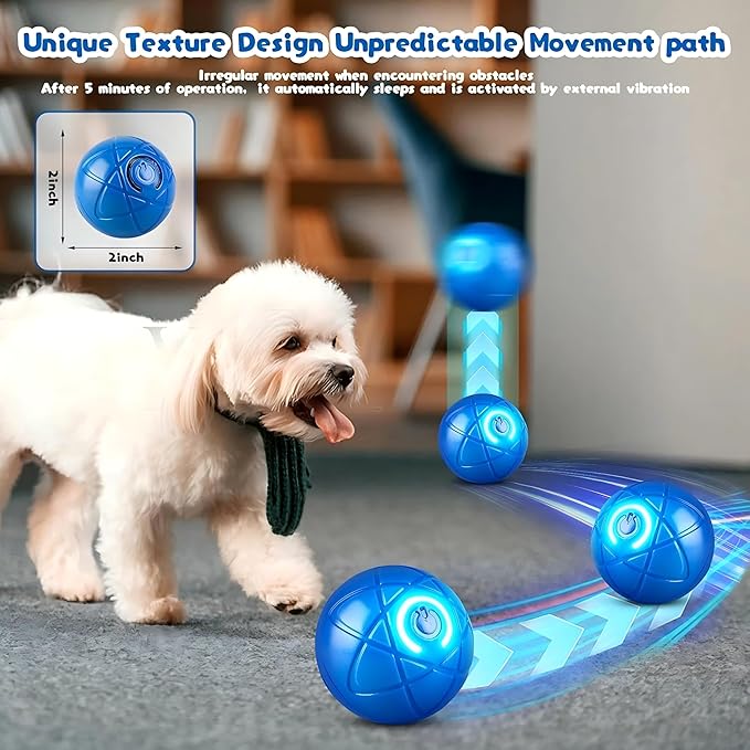 Smart Interactive Dog Ball Toy for Small Dogs and Cats, LED Light-Up, Automatic Motion Ball for Indoor Play, Blue, 2.1inch