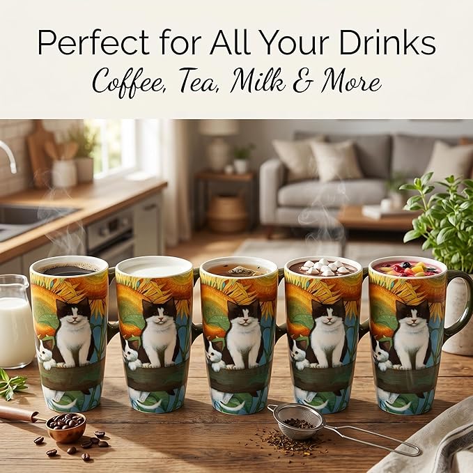 Topadorn Coffee Ceramic Mug 17oz Porcelain Latte Tea Cup With Lid, Perfect for Coffee and Tea, Holiday Gift Her Him, Cat