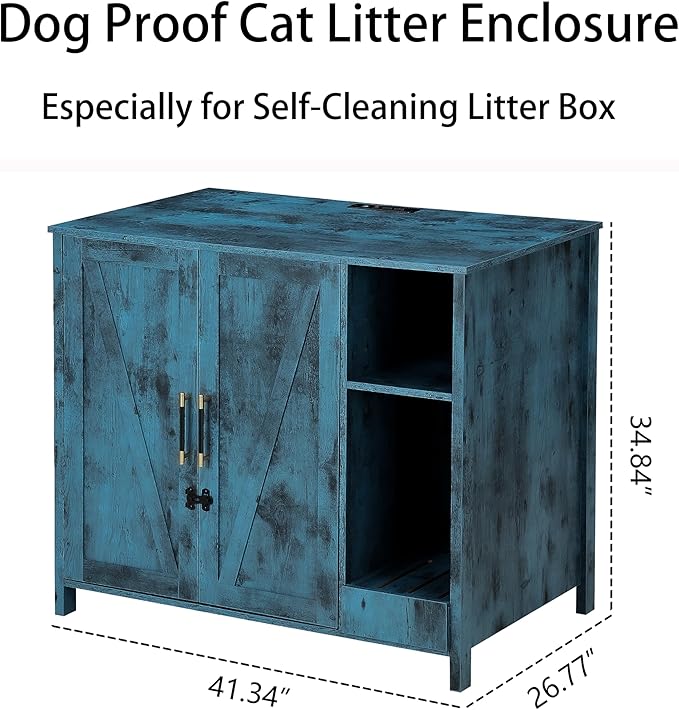 Large Cat Litter Enclosure With Litter Collector, Enclosure for self-Cleaning Litter Boxes,Adjustable Shelf for Dog Proof and Storage,Outlet,Lock Added for cat,Cat Washroom Cabinet,Blue