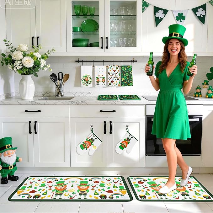 10 PCS Green Kitchen Decor Accessories Sets Shamrock Lucky Clover Kitchen Towels Green Elf Oven Mitts Pot Holders Rug Mat Decoration for Cooking Baking Bathroom Home Camp Spring Gift