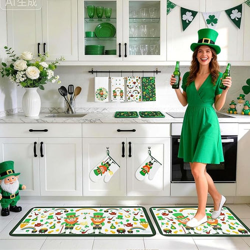 10 PCS Green Kitchen Decor Accessories Sets Shamrock Lucky Clover Kitchen Towels Green Elf Oven Mitts Pot Holders Rug Mat Decoration for Cooking Baking Bathroom Home Camp Spring Gift