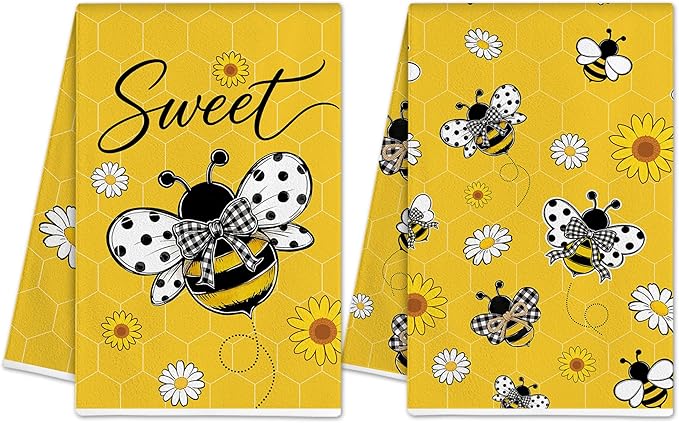 Hexagram Bee Kitchen Towels Set of 2, Bee Gifts for Women, Funny Cute Housewarming Dish Hand Towels for Home Kitchen Decor