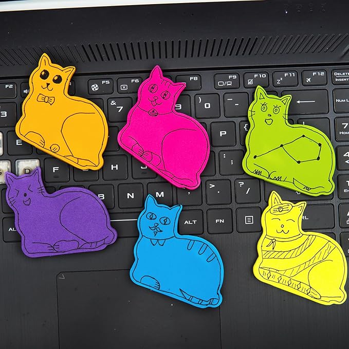 Cute Cat Sticky Notes, 6Pack 6 Bright Color Kawaii Sticky Notes for Cats Lover (6 Colors Shape 2)