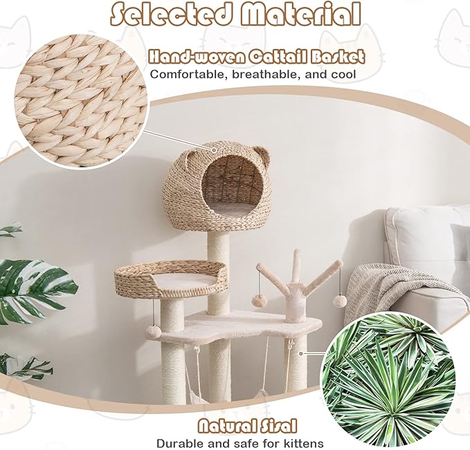 Tangkula Modern Cat Tree Tower, Multi-Level Tall Activity Center with Natural Sisal Scratching Posts, Hammock, Hand-Made Cattail Cute Condo with Funny Toy Balls