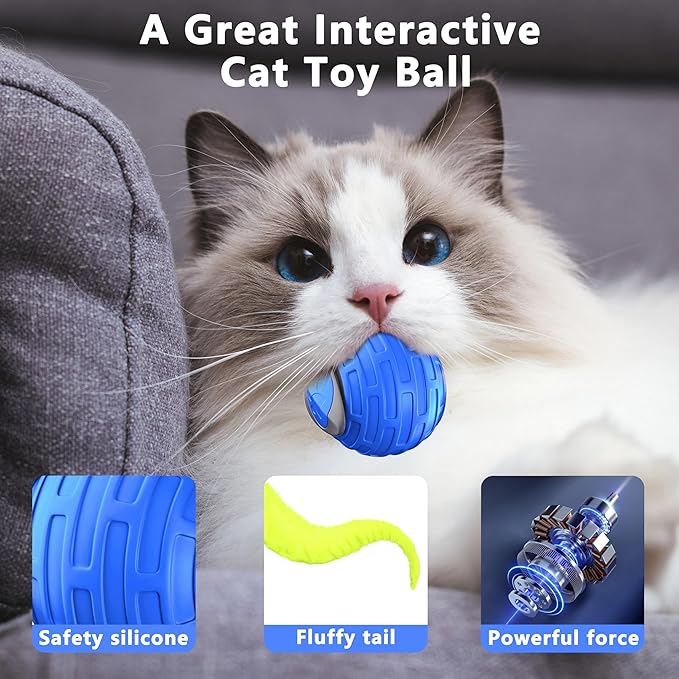 Cat Toys,Interactive Cat Toys Ball for Bored Indoor Cats,Automatic Rolling,Drop Resistant and Obstacle Avoidance,2 Modes Adjustment,Fluffy Tail and USB Type-C Rechargeable（Blue）