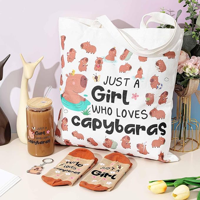 Paterr 4 Pcs Capybara Gifts for Women Mom, Capybaras Lovers Gifts for Mother's Day Birthday Decorations, with Canvas Tote Bag 16oz Glass Coffee Cup with Straw Socks Cute Keychain