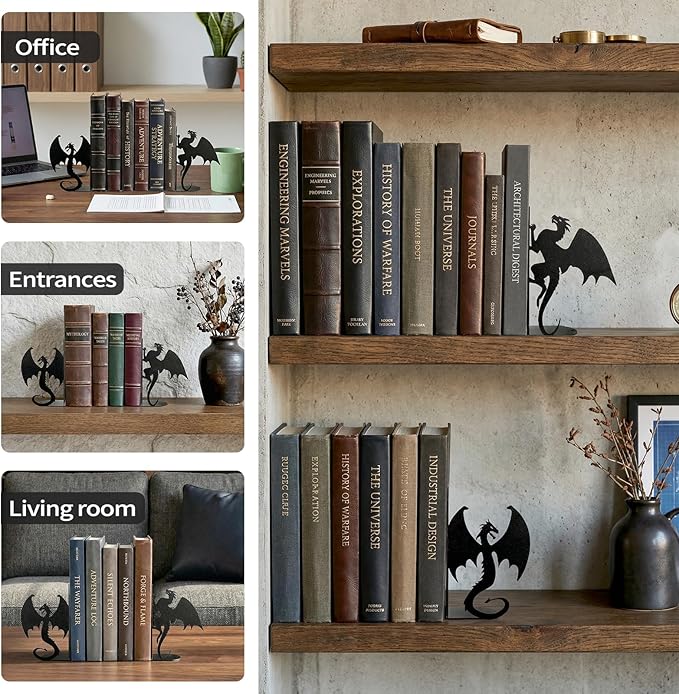 Dragon Bookends Decorative Metal Book Ends for Shelves, Unique Office Desk Bookends Cute Stoppers Reading, Bookshelf Decor for Office School Bedroom Gift for Dragon Lovers and Reading Enthusiasts