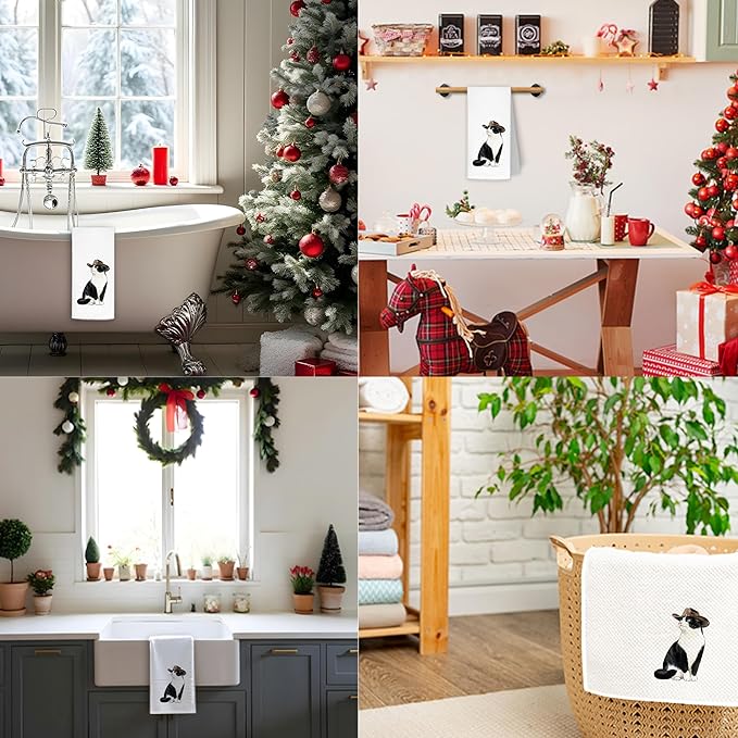 Funny Cowboy Tuxedo Cat Kitchen Towels, Tuxedo Cat Gifts Dish Tea Towels for Kitchen, Western Black and White Kitten Kitty Decorative Hand Towels for Bathroom Restroom Washroom, 16x24 Inch