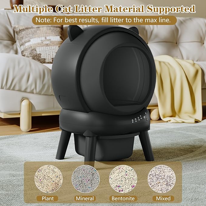 Automatic Cat Litter Box, Self Cleaning Litter Box Smart Robot for Multiple Cats, APP Real-Time Monitor, Odor & Noise Control, Safe Anti-Pinch, Trash Bag Included, Black