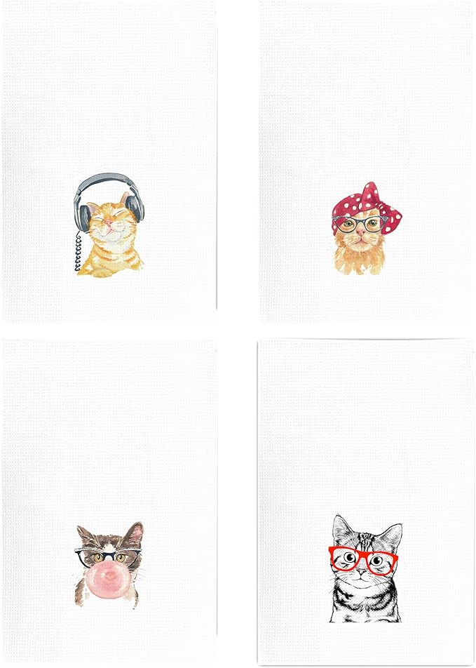 kunlisa Funny Cat Kitchen Hand Towels,Cat Mom Lover Lady Gifts for Women,Cute Hand Towels for Bathroom Kitchen Decor,16x24 Inch Set of 4