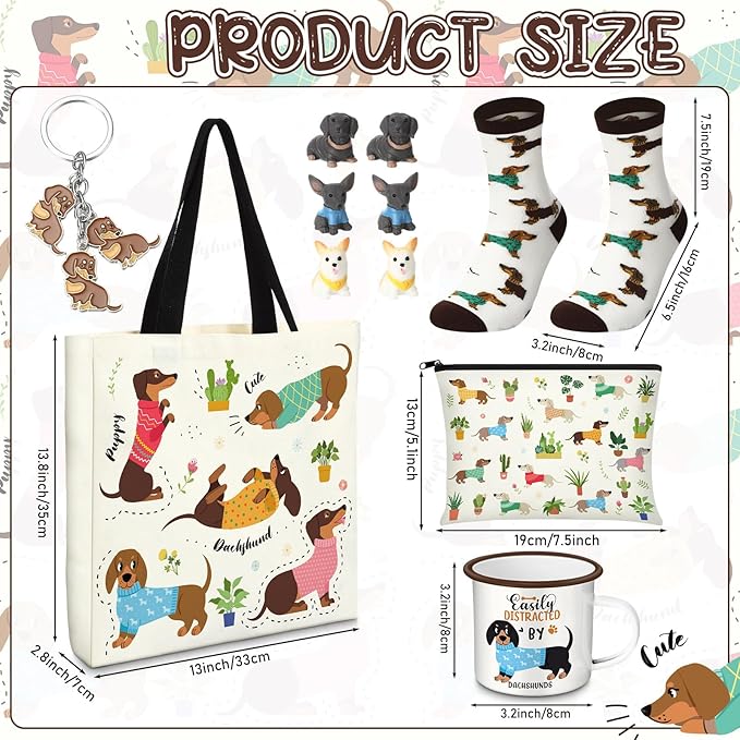 Dachshund Lover Gifts for Women Birthday Gifts Baskets Set Include Canvas Tote Bag, Makeup Bag, Socks, Keychain, Enamel Mug, Small Figurines for Mom, Wife, Sister, Friend