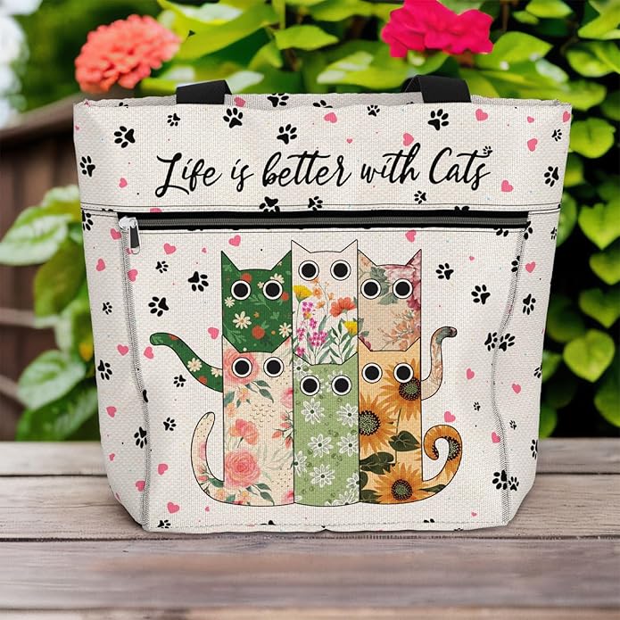 Waterproof Tote Bag with Pockets and Zipper for Work. Shoulder Bag for Women. Gift for Cat Lover Cat Owner.