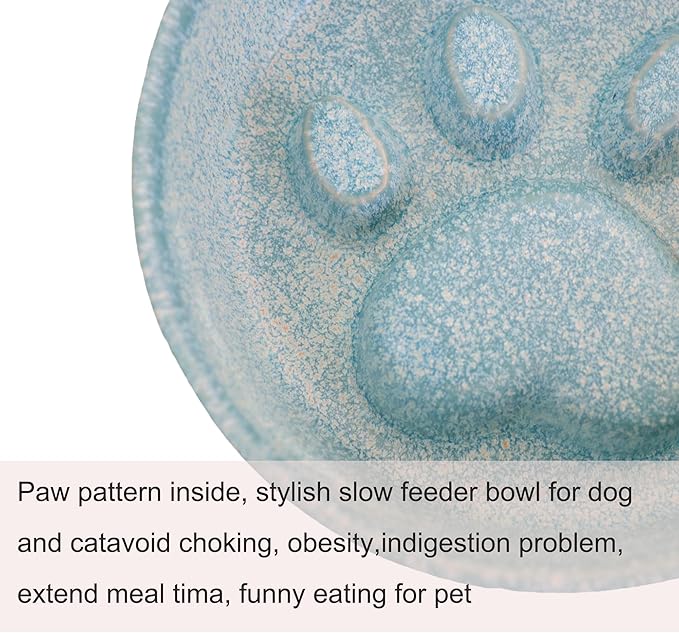 Ceramic Slow Feeder Bowl, 6.69 x 5.7 inches, Elevated Design with Paw Pattern, for Cats and Small Dogs (Blue)