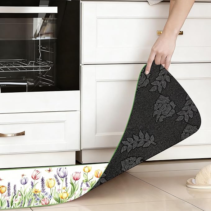 10 Pcs Tulip Floral Spring Style Kitchen Decor and Accessories Set 4 Kitchen Towels 2 Pot Holders 2 Oven Mitts 2 Rugs for Cooking Baking Mom Housewarming Gifts(Green and White)